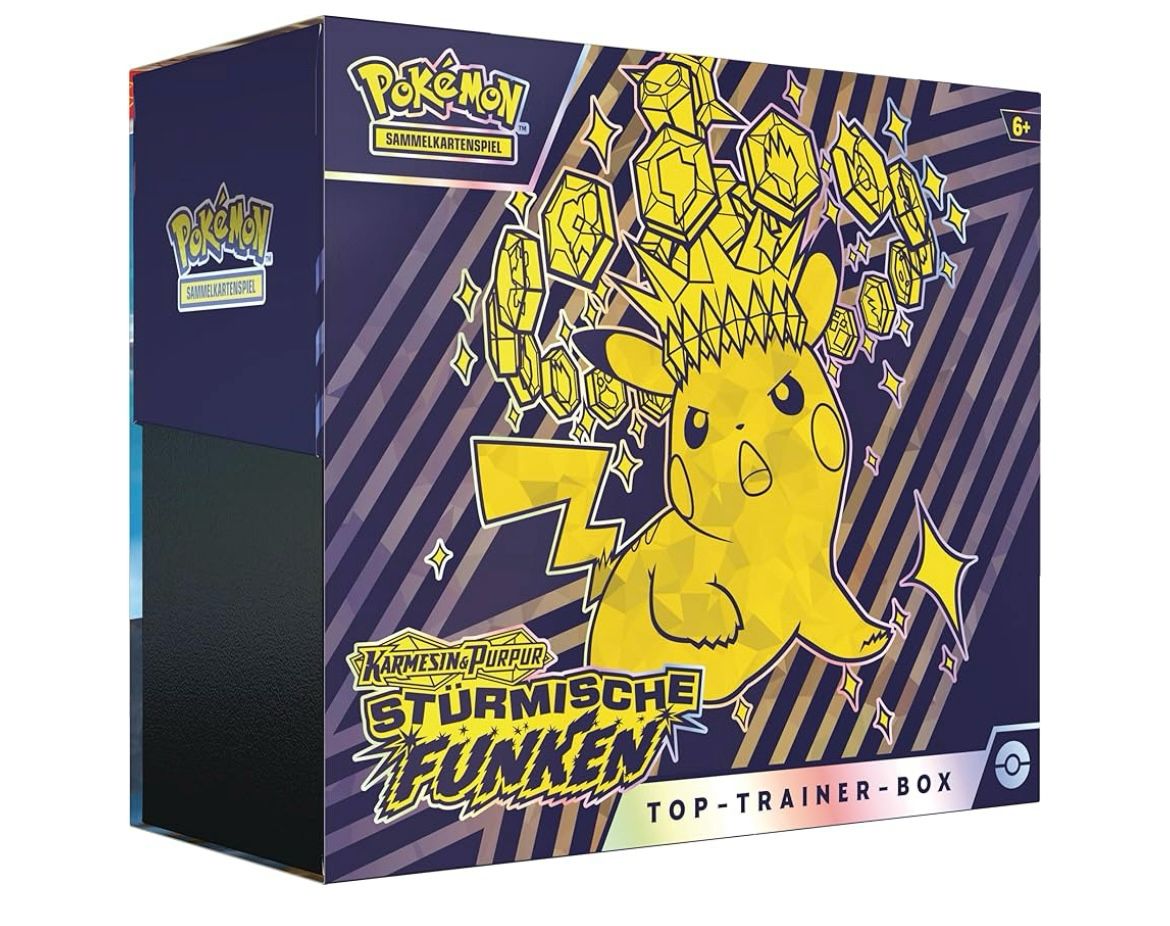 Pokémon-Sammelkartenspiel: Top-Trainer-Box Karmesin & Purpur – Stürmische Funken (1 Vollbild-Promokarte, 9 Boosterpacks & Premium-Zubehör) (DE)