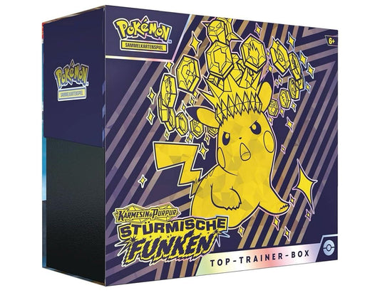 Pokémon-Sammelkartenspiel: Top-Trainer-Box Karmesin & Purpur – Stürmische Funken (1 Vollbild-Promokarte, 9 Boosterpacks & Premium-Zubehör) (DE)