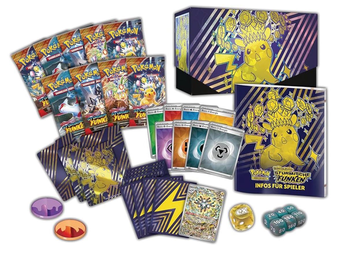 Pokémon-Sammelkartenspiel: Top-Trainer-Box Karmesin & Purpur – Stürmische Funken (1 Vollbild-Promokarte, 9 Boosterpacks & Premium-Zubehör) (DE)