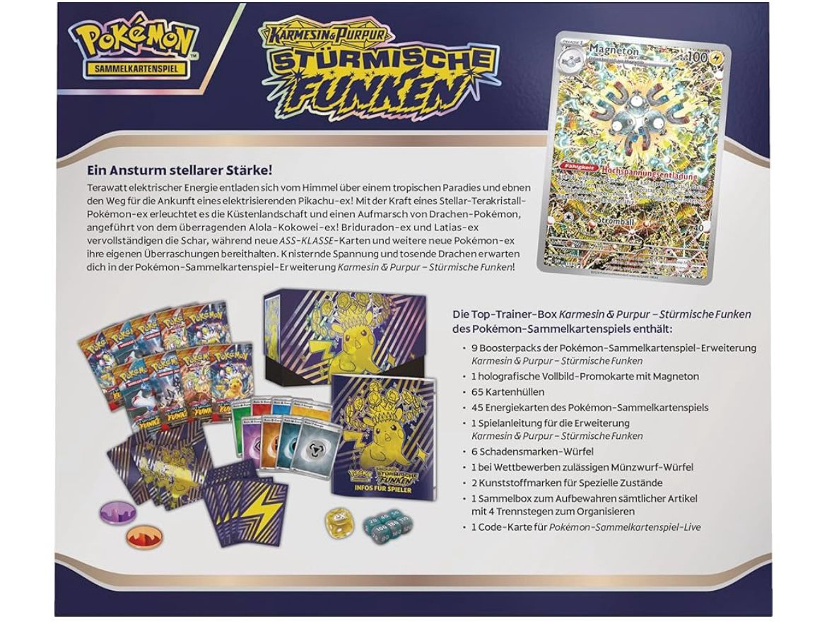 Pokémon-Sammelkartenspiel: Top-Trainer-Box Karmesin & Purpur – Stürmische Funken (1 Vollbild-Promokarte, 9 Boosterpacks & Premium-Zubehör) (DE)