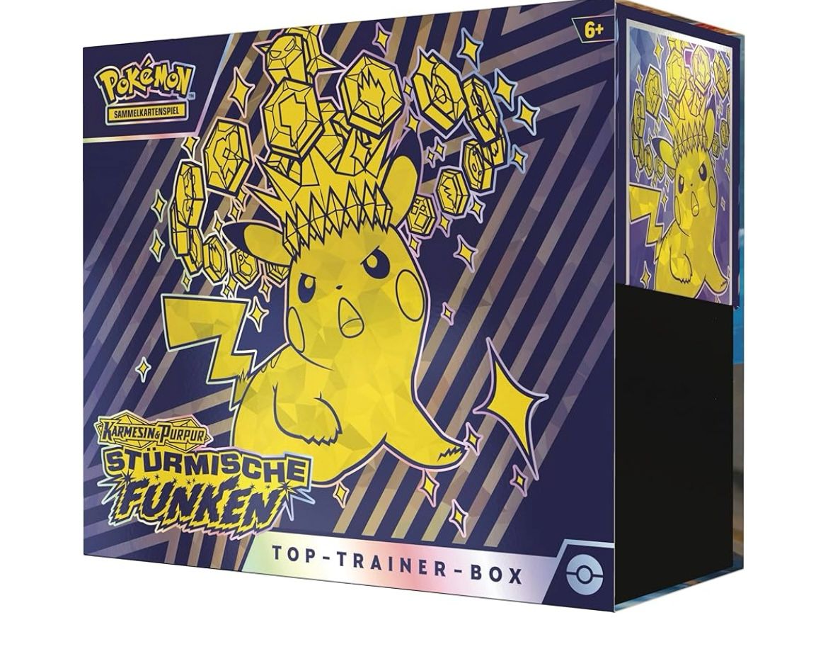 Pokémon-Sammelkartenspiel: Top-Trainer-Box Karmesin & Purpur – Stürmische Funken (1 Vollbild-Promokarte, 9 Boosterpacks & Premium-Zubehör) (DE)